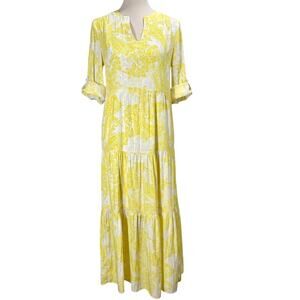 Chico's Tiered Paisley Maxi Dress in Yellow/Pineapple 3/4 Sleeve Women Size 4/6